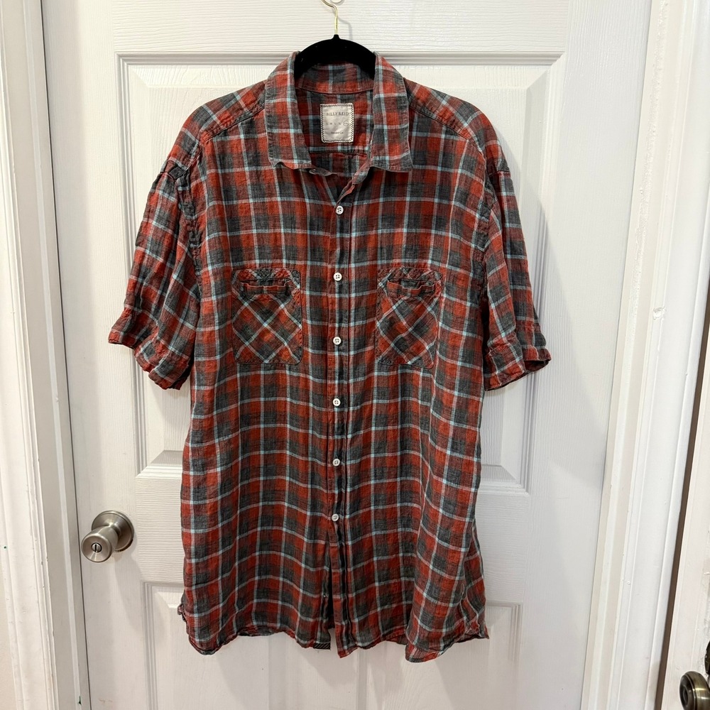 Billy Reid Mens XXL Standard Cut Plaid Short Sleeve 100% Linen Button Up Shirt